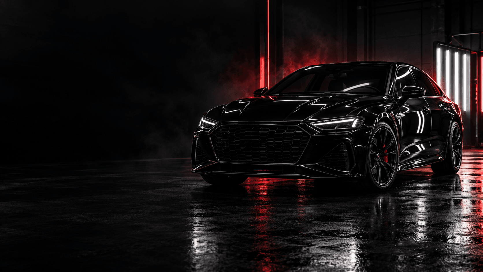 Black vehicle under professional paint inspection lighting