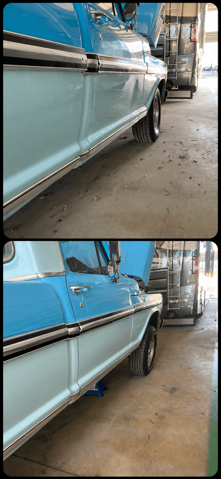Before and after paintless dent repair on a blue classic truck side panel serving Cape Coral