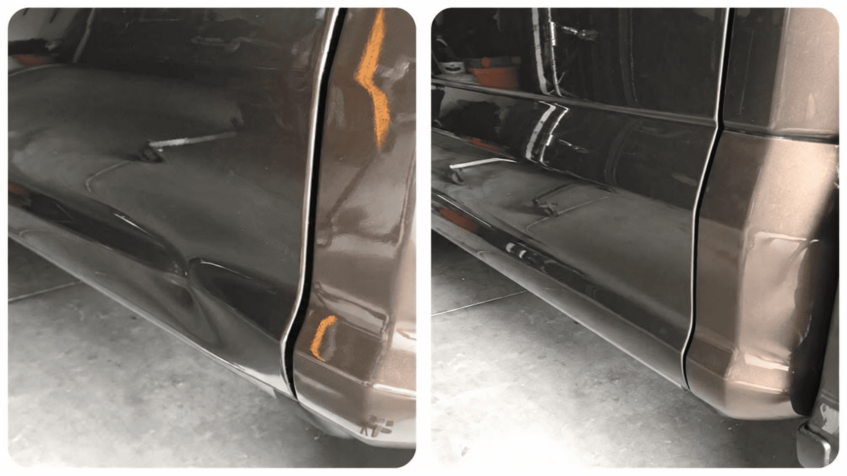 Before and after paintless dent repair on a lower door corner