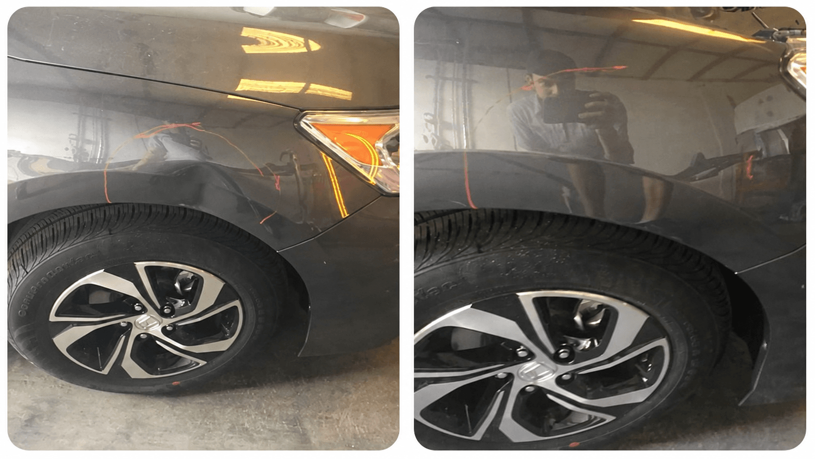 Before and after paintless dent repair on a dark front fender