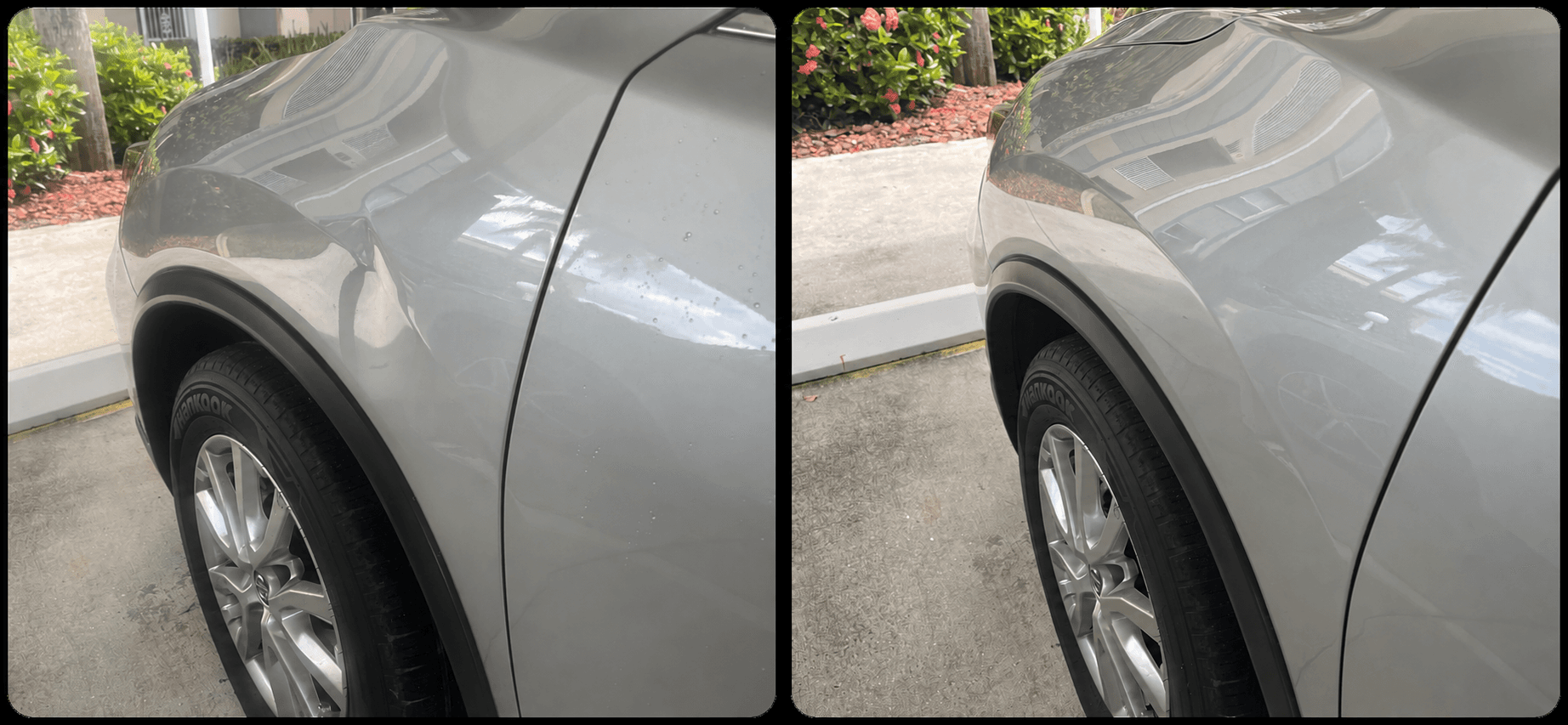 Before and after repair of a dent on a gray SUV fender serving Naples