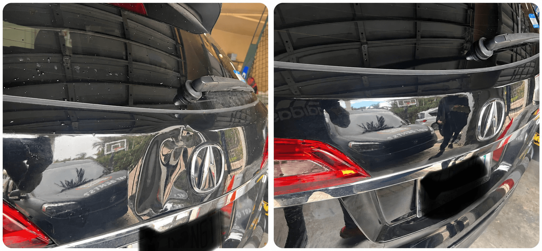 Before and after paintless dent repair around the badge of a black vehicle hatch