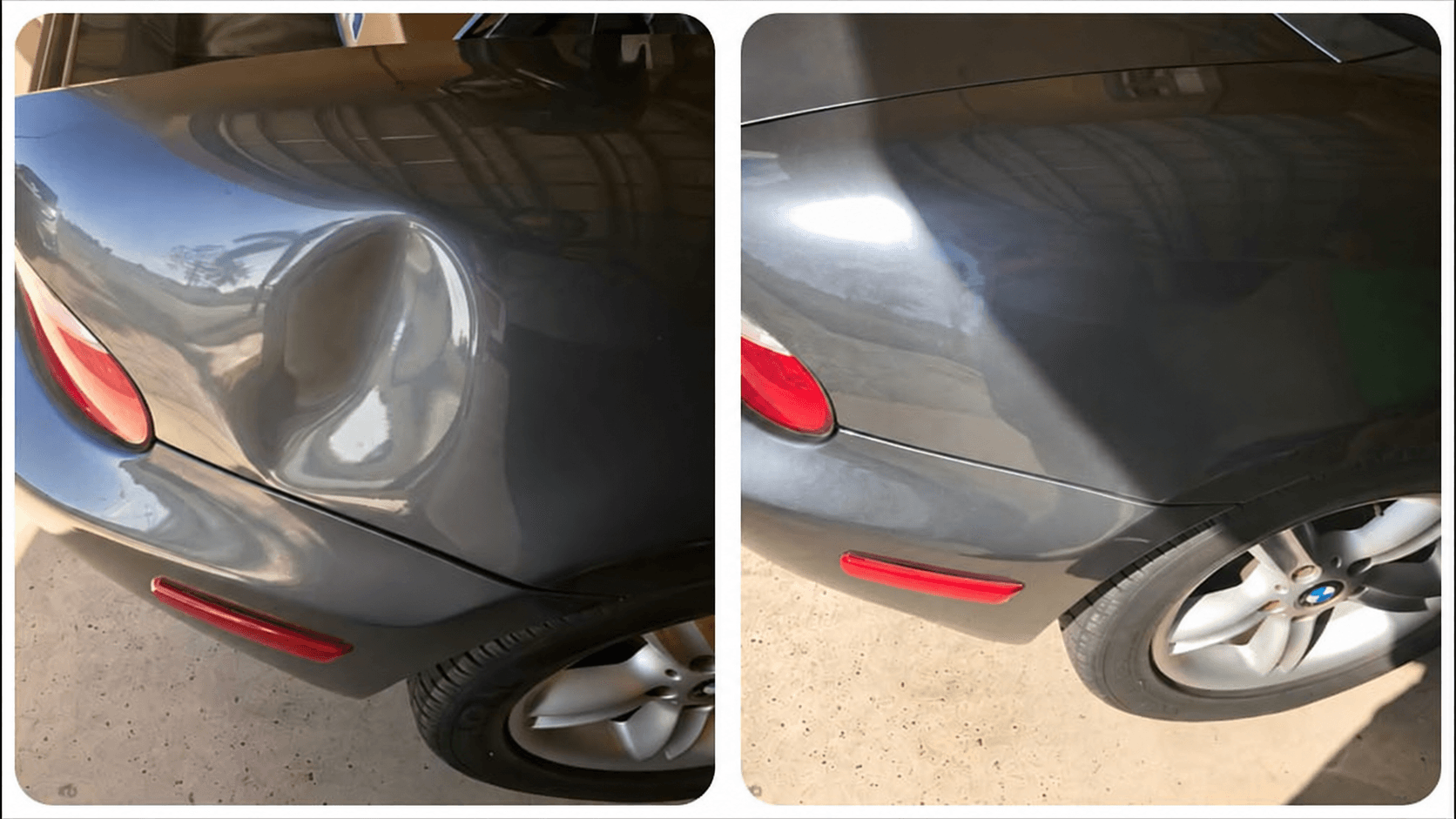 Before and after paintless dent repair on a dark rear quarter panel