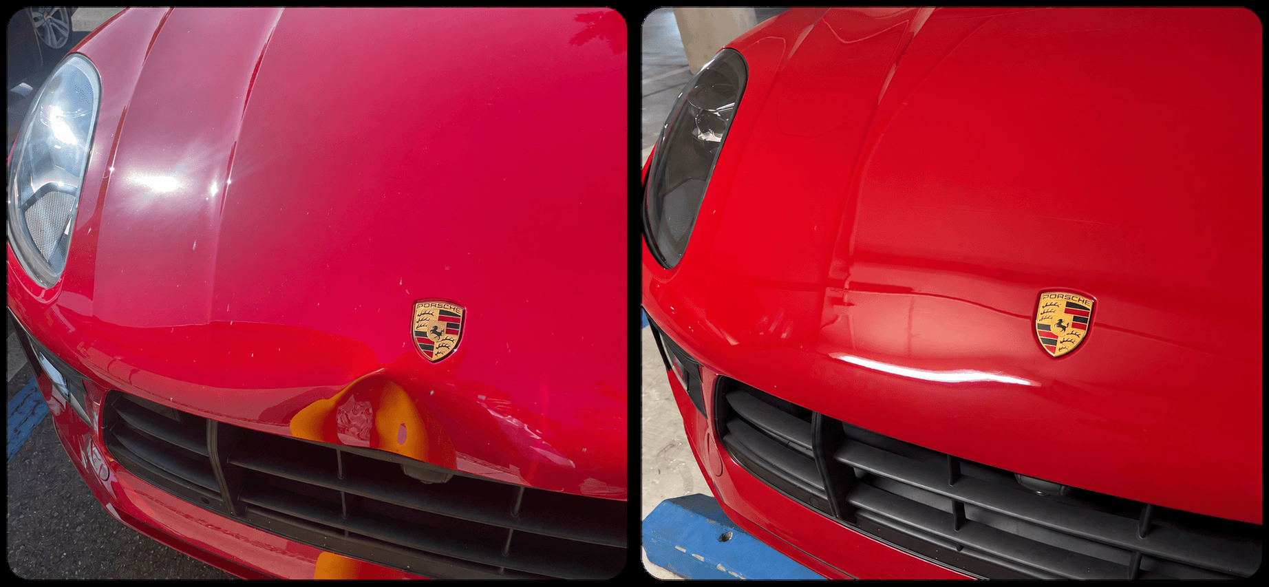 Before and after paintless dent repair on a red sports-car hood serving Estero