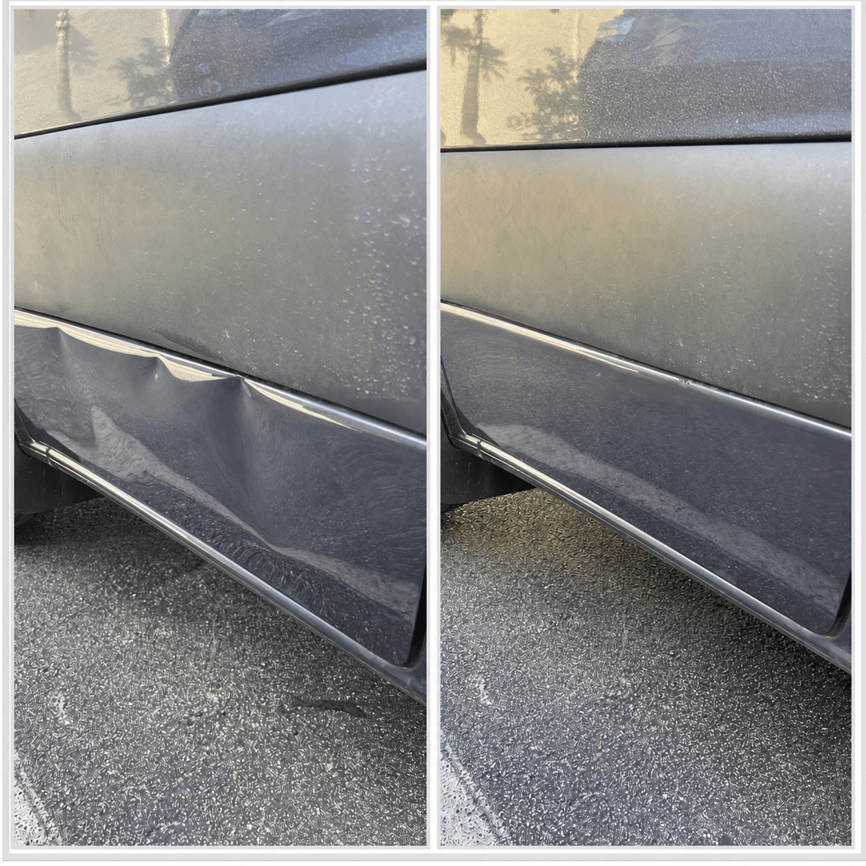Before and after repair of a creased vehicle rocker panel serving Punta Gorda