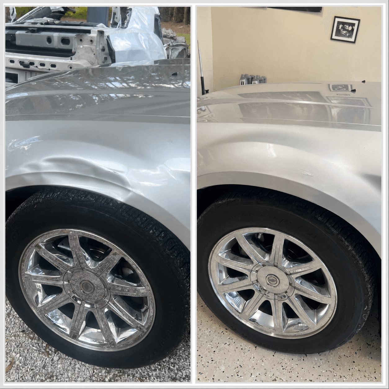 Before and after repair of a dented silver front fender serving Fort Myers