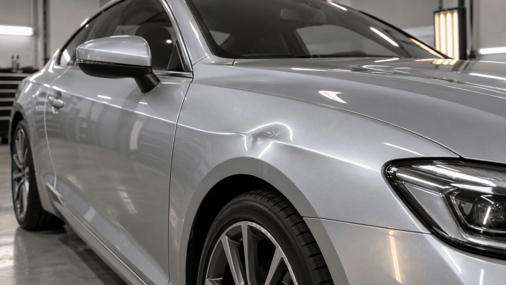 Dent crossing the front-fender body line of a silver coupe before repair